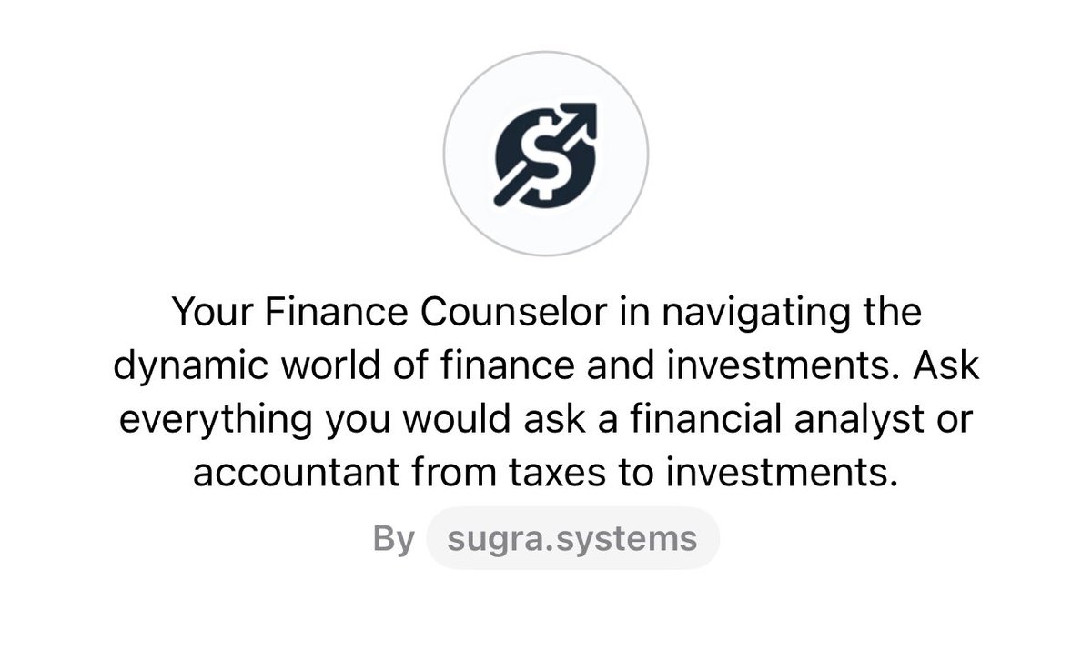 SugraSystems's tweet photo. https://t.co/vDbC62NaCO Your Finance Counselor 

#GPTStore #GPTs #GPT #ChatGPTPlus #ChatGPT #OpenAI #SugraAI #SugraSystems #ChatGPTapp @ChatGPTapp https://t.co/C81rJh4IFN