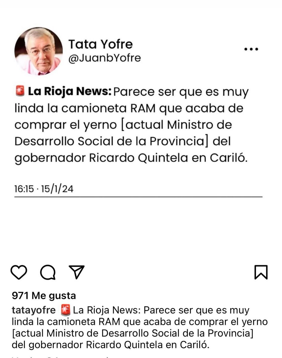 Me llega esto por todos lados, agradezco amigos q me reenvían esto. 
Primero desmiento haberme comprado una camioneta ram, segundo no estuve en carilo y tercero a este Sr <a href="/JuanbYofre/">Tata Yofre</a> le voy a iniciar acciones legales por mentir y ensuciar mi nombre y el de mi flia. No todo vale.