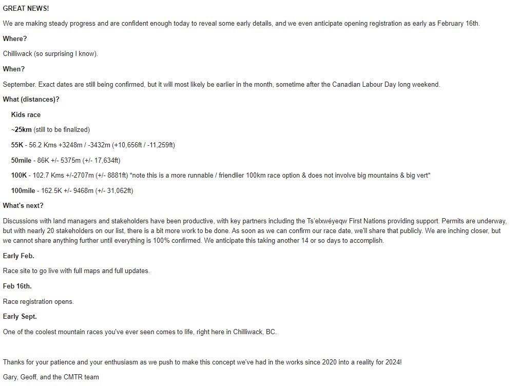 AN UPDATE FROM COAST MOUNTAIN TRAIL RUNNING