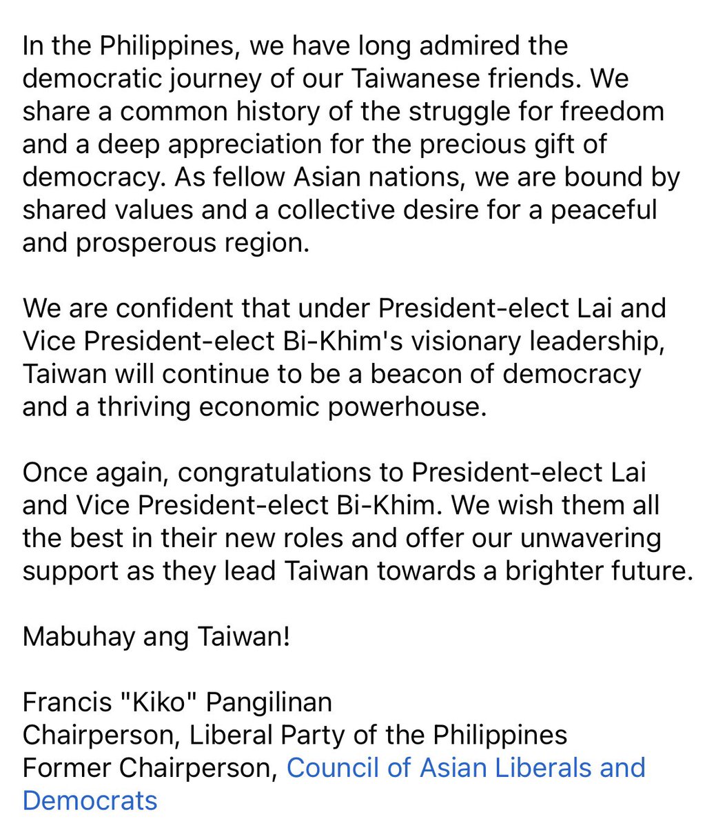 Message of congratulations to President-elect William Lai (@ChingteLai) and Vice President-elect Bi-Khim Hsiao (@bikhim) in the recently concluded elections in Taiwan: