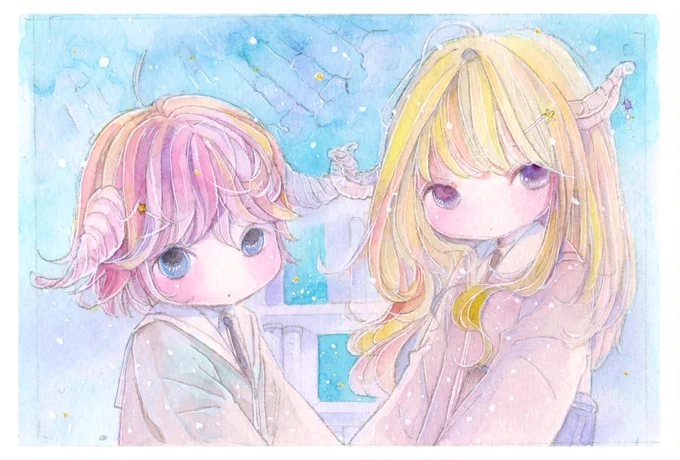 #角好き鬼イラスト2024お昼になってしまった!こんにちは〜&お疲れさまです!寒い!ほんっとに寒いです引き続き角っこちゃん祭りほわほわファンタジー的な絵です魔法学校的なイメージ。『永遠の約束』わたしたち、ずっと友達だよ? 