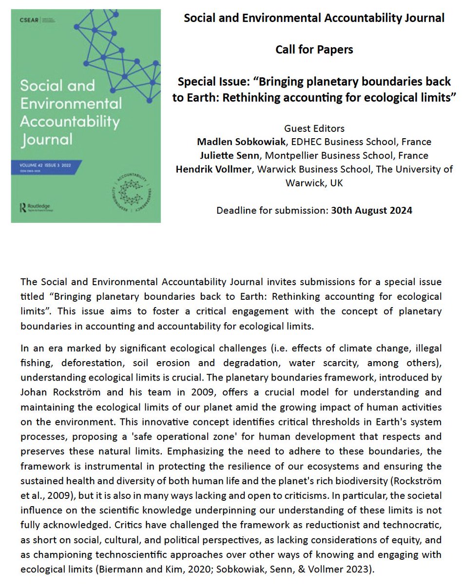 New #SEAJ call for papers! Special Issue: “Bringing #planetary #boundaries back to #Earth: Rethinking #accounting for #ecological limits” Guest Eds @madlen_sob @EDHEC_BSchool @SennJul @Montpellier_BS @hendrikvollmer @uniofwarwick @csearUK tandfonline.com/action/journal…