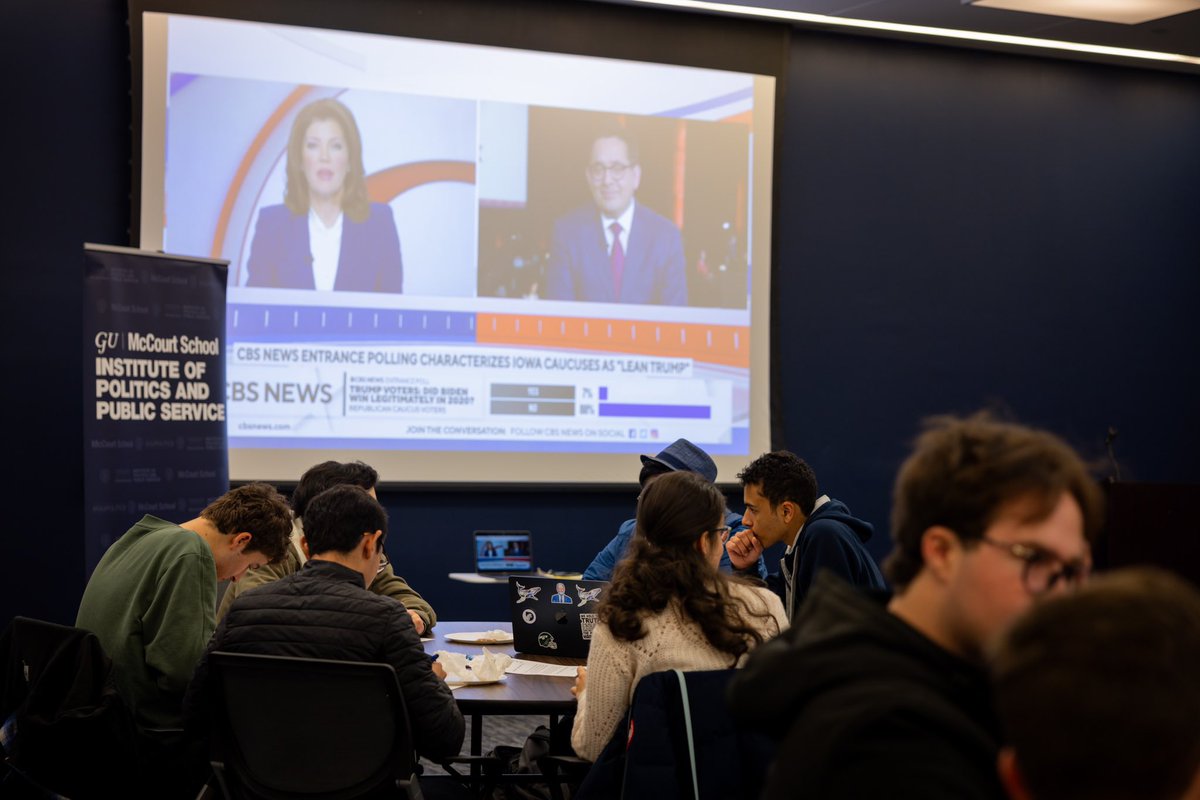 What a night! We heard student questions and predictions, engaged with Hoyas from @GUGovt in Iowa and watched the votes roll in. Thank you to our speakers Mike Thom and @TomLongpre for giving a deep dive on the stakes for each candidate and explaining what Iowa is all about.