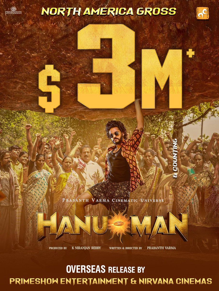 #Hanuman Creates History! Breached $3 Million mark in North America. It is now Top 10 highest grossing Telugu film in North America. #HanumanCreatesHistory #HanuMania #HanuManEverywhere @Primeshowtweets @tejasajja123 @PrasanthVarma @Niran_Reddy