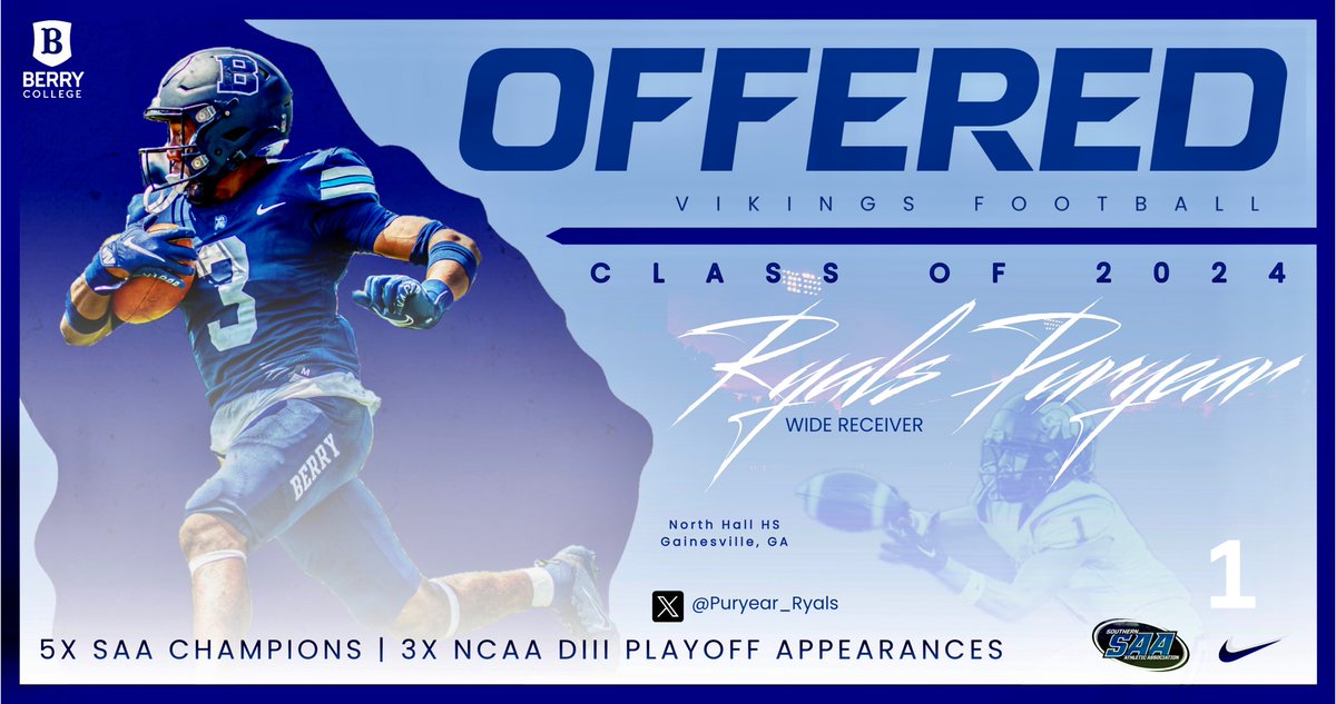 Ryals Puryear (@puryear_ryals) on Twitter photo #AGTG Blessed to receive an official offer from Berry College, go Vikings! <a href="/coachpender1025/">Sean Pender</a> <a href="/klgosse/">Keith Gosse</a> <a href="/coachmintier/">Gary T. Mintier</a> <a href="/chefboy_R_T/">Rafael Tolentino</a> <a href="/BCCoachK/">Tony Kunczewski</a> <a href="/BerryFootball/">Berry Football</a> <a href="/CoachJoeKemp/">Joe Kemp</a> <a href="/RcrtNTHFootball/">Recruit North Hall Football</a> <a href="/RecruitGeorgia/">Recruit Georgia</a> <a href="/NEGARecruits/">Northeast Georgia Recruits</a> #AGTG Blessed to receive an official offer from Berry College, go Vikings! <a href="/coachpender1025/">Sean Pender</a> <a href="/klgosse/">Keith Gosse</a> <a href="/coachmintier/">Gary T. Mintier</a> <a href="/chefboy_R_T/">Rafael Tolentino</a> <a href="/BCCoachK/">Tony Kunczewski</a> <a href="/BerryFootball/">Berry Football</a> <a href="/CoachJoeKemp/">Joe Kemp</a> <a href="/RcrtNTHFootball/">Recruit North Hall Football</a> <a href="/RecruitGeorgia/">Recruit Georgia</a> <a href="/NEGARecruits/">Northeast Georgia Recruits</a>