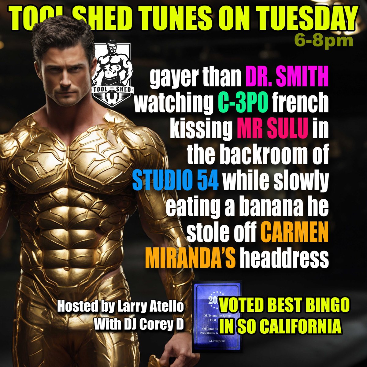 Tool Shed Palm Springs (@pstoolshed) on Twitter photo Hosted by the one and only <a href="/larry_atello/">Larry Atello</a> with music by <a href="/goDJCoreyD/">DJ Corey D</a> . The most fun you can have on a Tuesday in Palm Springs with your clothes on. Hosted by the one and only <a href="/larry_atello/">Larry Atello</a> with music by <a href="/goDJCoreyD/">DJ Corey D</a> . The most fun you can have on a Tuesday in Palm Springs with your clothes on.