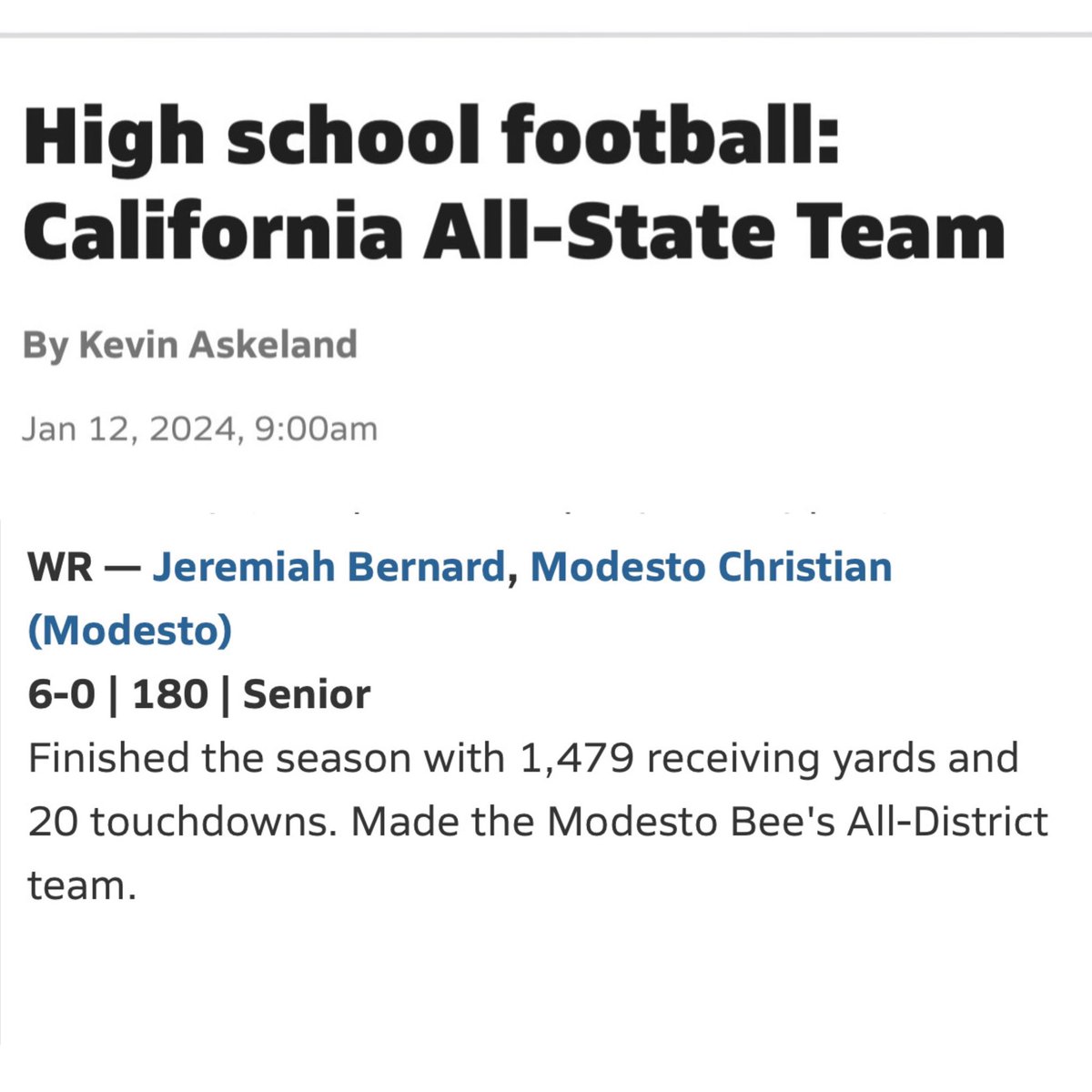 Blessed to named to the @MaxPreps California All State Team!! @SacMaxPreps @BrandonHuffman @SBLiveCA @CalHiSports @247Sports @RDIUnite