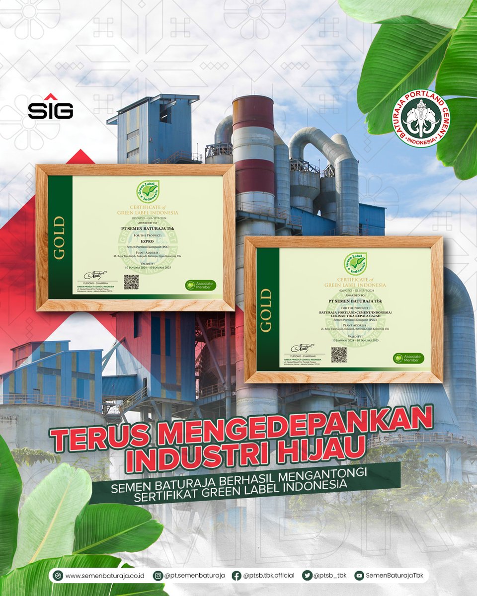ptsb_tbk's tweet photo. #DulurSMBR, Terus mengedepankan industri hijau, PT Semen Baturaja Tbk (SMBR) selaku anak usaha PT Semen Indonesia (Persero) Tbk (SIG) berhasil mengantongi sertifikat Green Label Indonesia dengan Predikat Gold dari Lembaga Green Product Council Indonesia (GPCI). https://t.co/2nOS5eXb6O