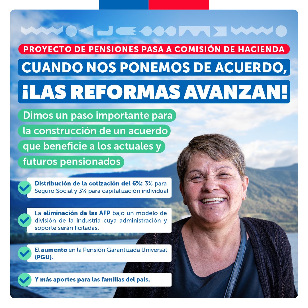 🙌 La Comisión de Trabajo despachó el proyecto de Reforma por #MejoresPensiones en la Cámara de Diputadas y Diputados. Esta instancia aprobó las indicaciones sobre distribución del 6% de cotización adicional, aumento a la PGU y más. El próximo paso es la Comisión de Hacienda⏩️