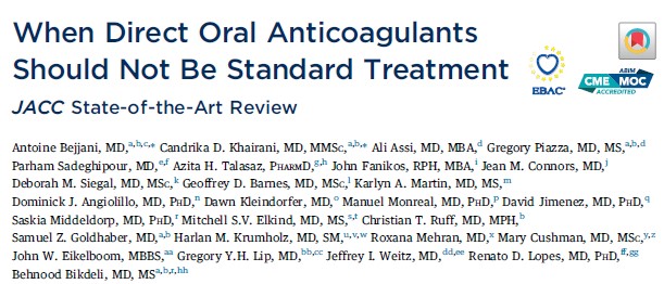 When #DOACs are ✅,📛, or ❓for Tx @JACCJournals. Proud of 🌠post-docs @AntoineBejjani_ & @CandrikaDini. We discuss where there is evidence of efficacy/safety, where there may be harm (safety or efficacy), and uncertainties @BrighamResearch ... 🧵 👇 jacc.org/doi/10.1016/j.…