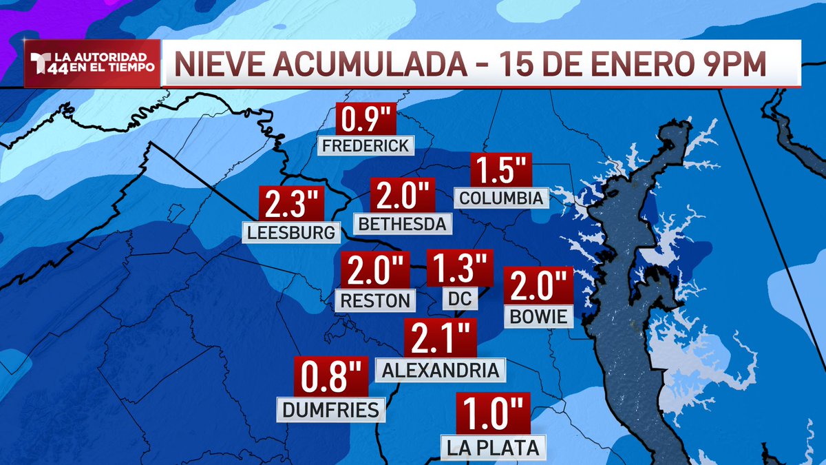 JoeMartinezTV's tweet photo. Estos son algunos acumulados de nieve hasta las 9PM en DC, Maryland y Virginia @NWS_BaltWash #snow #DCSnow #MDSnow #VASnow @Telemundo44 https://t.co/UfZ8kk2cJ5