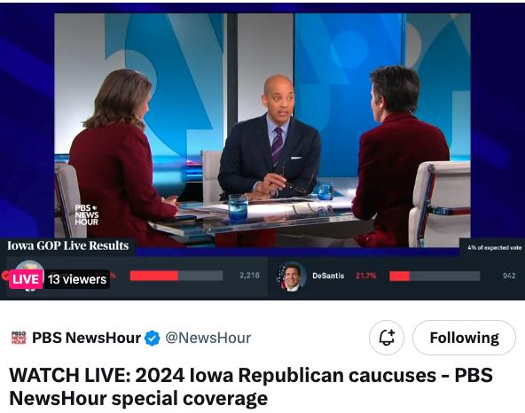 Only 13 viewers live on X for the PBS special on Iowa election night? Sad. Wonder how many are tuned live into the Emmys?