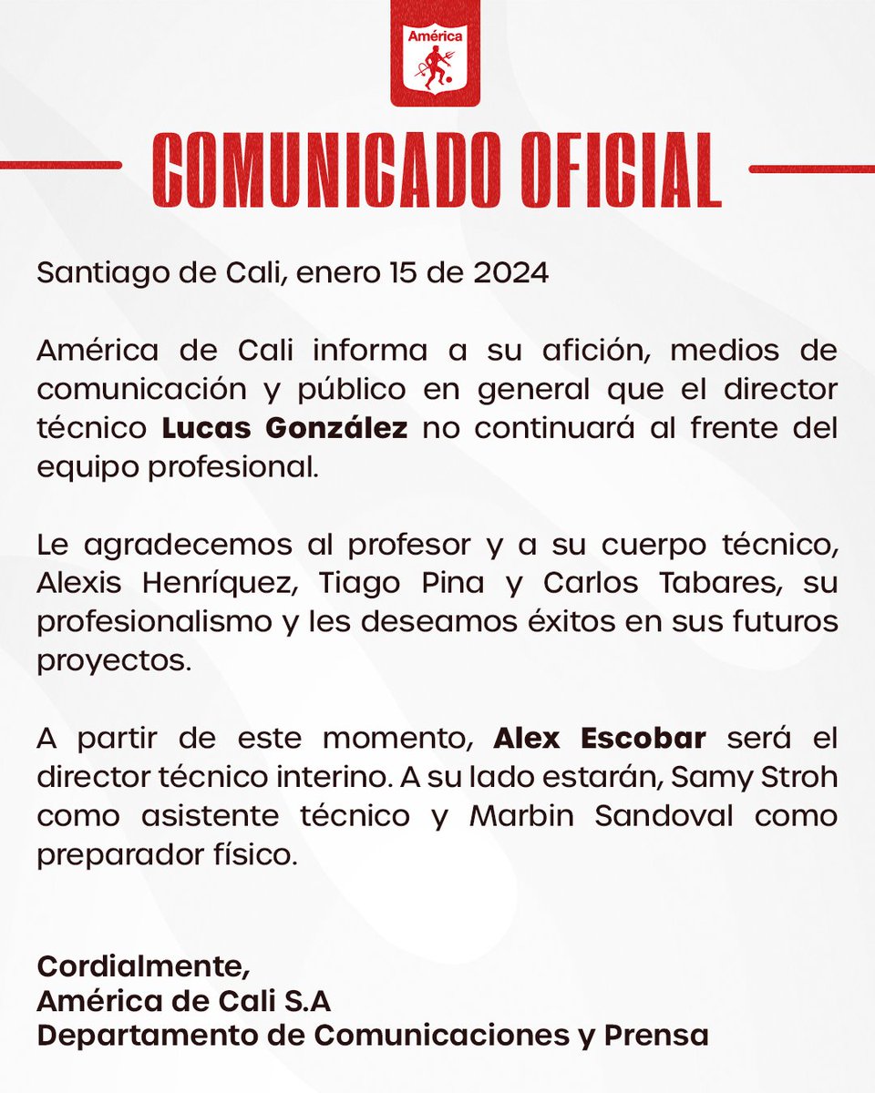 AmericadeCali's tweet photo. 📄 Comunicado oficial | Lucas González https://t.co/pxFBGVfrAn