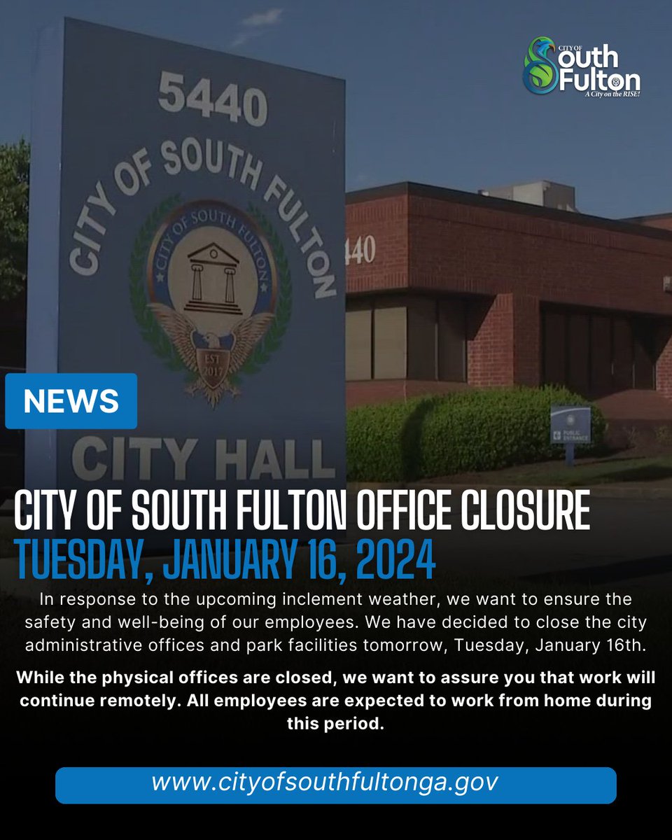 In response to the upcoming inclement weather, we have decided to close the city administrative offices tomorrow, Tuesday, January 16th. While the physical offices are closed, we want to assure you that work will continue remotely. Emergency personnel will continue to operate.