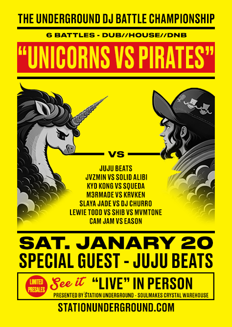StationUDG's tweet photo. THIS SATURDAY! The battle of the century is going down at a secret warehouse location on the outskirts of Charleston. Don't miss Unicorns Vs Pirates 🦄 ☠️ ft. special guest JUJU BEATS, 6 epic DJ battles, Live Painters, Lounge area&amp; SO MUCH MORE > https://t.co/Cuf1donL3j https://t.co/PmQTqjM0sS