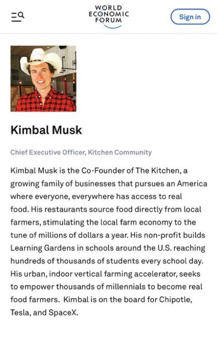 euphorio_'s tweet photo. ❌✖️𝗪𝗘𝗙 - 𝗔𝗴𝗲𝗻𝗱𝗮 𝗖𝗼𝗻𝘁𝗿𝗶𝗯𝘂𝘁𝗼𝗿 👀❗️

- Did you know that Elon Musk’s brother , @kimbal is an Agenda Contributor for the World Economic Forum.

✖️ 𝑻𝒉𝒊𝒔 𝒊𝒔 𝒕𝒉𝒆 𝒄𝒐𝒏𝒄𝒆𝒓𝒏𝒊𝒏𝒈 𝒑𝒂𝒓𝒕 ;👇🏽
- Kimbal Musk is the Co-Founder of The Kitchen, a growing family of businesses that pursues an America where everyone, everywhere has access to real food.

✖️𝑾𝒉𝒚 𝒊𝒔 𝒕𝒉𝒊𝒔 𝒄𝒐𝒏𝒄𝒆𝒓𝒏𝒊𝒏𝒈 ?
- The WEF has made it clear what their agenda is regarding food ; Bugs and Insects 🐜 being eaten and added to foods as an ingredient (no jokes).
- Lab grown Artificial meat 🥩 
- Soy and Artificial soy.
- More genetically modified fruits and veg. 

✖️ 𝙄𝙛 𝙆𝙞𝙢𝙗𝙖𝙡 𝙈𝙪𝙨𝙠 𝙞𝙨 𝙜𝙚𝙣𝙪𝙞𝙣𝙚𝙡𝙮 𝙙𝙤𝙞𝙣𝙜 𝙜𝙤𝙤𝙙 𝙞𝙣 𝙩𝙝𝙚 𝙬𝙤𝙧𝙡𝙙 𝙬𝙞𝙩𝙝 𝙩𝙝𝙚 𝙁𝙤𝙤𝙙 𝙄𝙣𝙙𝙪𝙨𝙩𝙧𝙮 ; 𝙬𝙝𝙮 𝙞𝙨 𝙝𝙚 𝙖𝙣 𝙖𝙜𝙚𝙣𝙙𝙖 𝙘𝙤𝙣𝙩𝙧𝙞𝙗𝙪𝙩𝙤𝙧 𝙛𝙤𝙧 𝙩𝙝𝙚 𝙒𝙀𝙁 ?