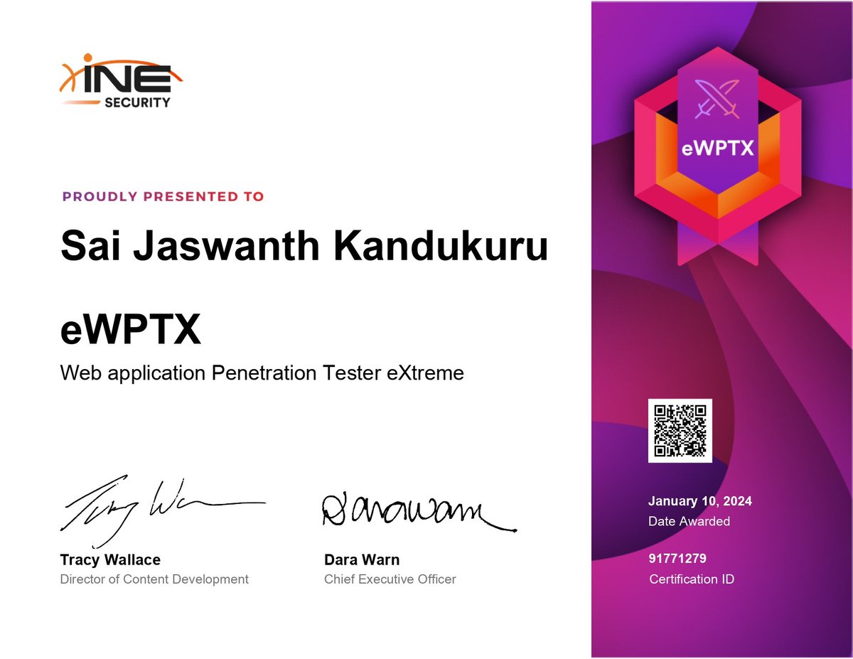 jaswanth4296's tweet image. Thrilled to share my new achievement !! 🚀
I've successfully passed the eWPTXv2 (ELearnSecurity Web Application Penetration Tester eXtreme V2) Certification exam.
Thank you @INEsecurity / @ine for this exam.
#ewptx #elearnsecurity #certification