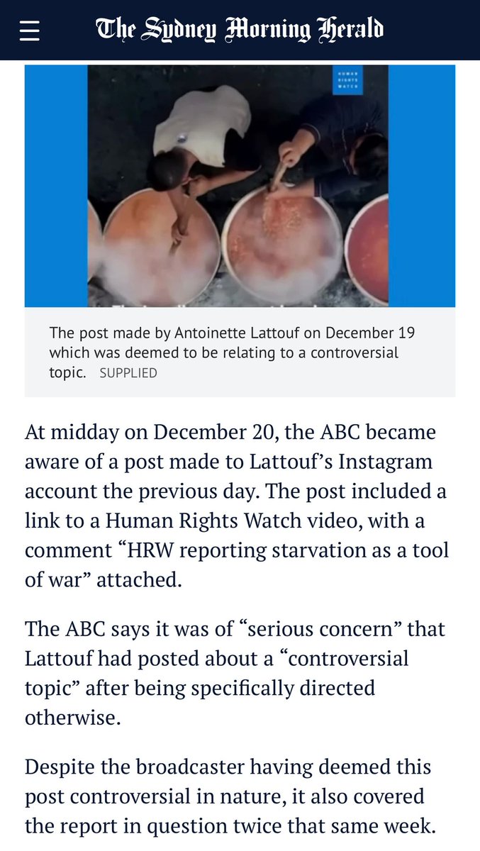 Stunned <a href="/abcnews/">ABC News</a> have confirmed <a href="/antoinette_news/">Antoinette Lattouf</a> was sacked for sharing a post from <a href="/hrw/">Human Rights Watch</a> because they deemed it too "controversial" to share a finding from the world's most credible human rights org.

This will create a dangerous chilling effect in the ABC amp.smh.com.au/business/compa…