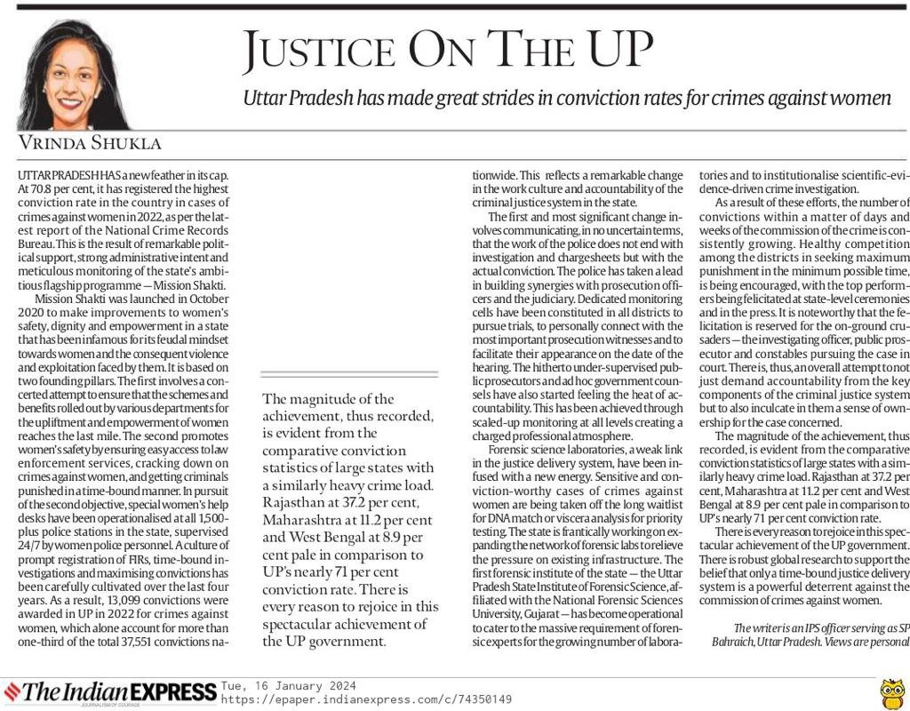 My piece in the <a href="/IndianExpress/">The Indian Express</a> today detailing Uttar Pradesh's spectacular success in boosting the conviction rate in crimes against women to a staggering 71%, the highest in the country &amp; leagues ahead of other large states with similar crime load <a href="/Uppolice/">UP POLICE</a> <a href="/CMOfficeUP/">CM Office, GoUP</a>
