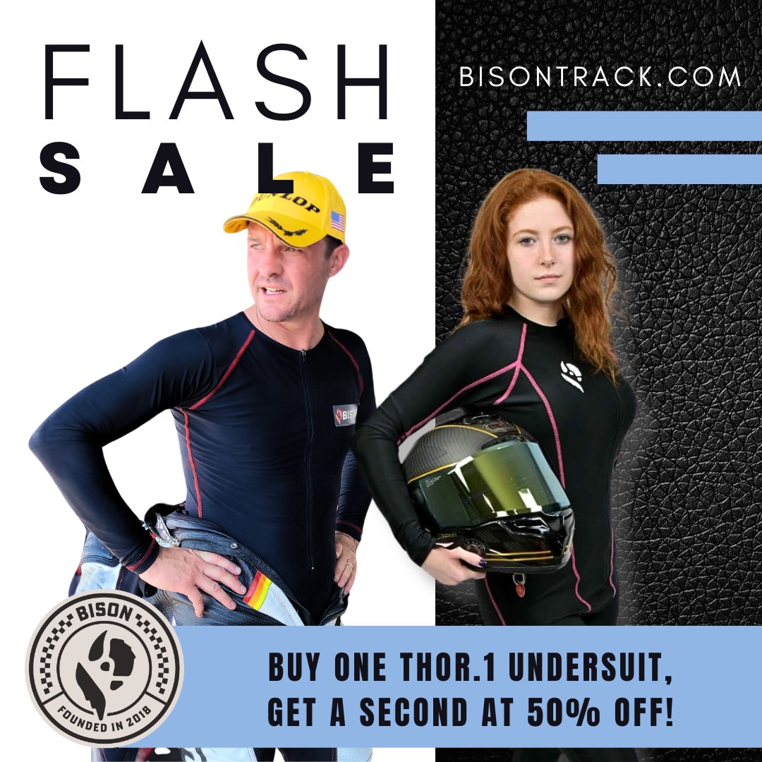 BisonTrack's tweet photo. Add two Thor.1 undersuits to your cart and the discount will be applied automatically at checkout! Please note this special cannot be combined with other discounts and does not apply to VnM or Bright Future undersuits. https://t.co/GCWFuaT3Gt #flashsale #gofastbesafe https://t.co/lEx593WYDj