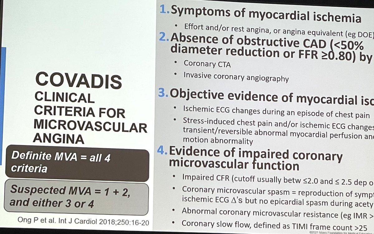 DrSandyCharles's tweet photo. So important to know the diagnostic criteria for #microvascular #angina and #vasospastic angina for patients with #ANOCA. Thanks @PanithayaC for the great presentation! @MayoClinicCV #MayoCVCME #cardiotwitter #womenshearthealth #nonobstructiveCAD #chestpain https://t.co/79LvVBjfCZ