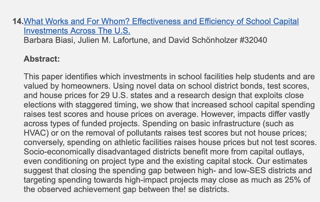 🚨🧵📜@davidfromterra, Julien Lafortune and I have a new wp! Perhaps the longest-standing debate in education is on whether money matters. Esp. in the case of capital (building /renovating school facilities), conflicting results have led scholars to conclude that “it depends.”