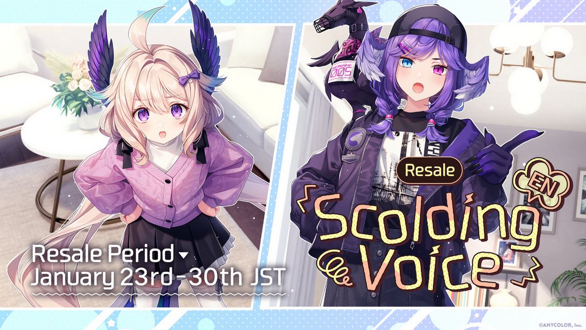 NIJISANJI_World's tweet photo. 【#NIJISANJI Pampering Voice &amp; Scolding Voice resale announcement🎉】

The above two voice packs will be available again on the #NIJISANJI_EN Official Store starting Jan 22 (Mon) at 18:00 PST ! 🤩

🔻Store
https://t.co/3PhUEtgXpW https://t.co/o5dSbRKIDs