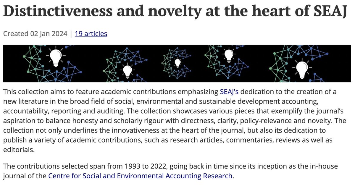 Journal_SEAJ's tweet photo. New #Social and #Environmental #Accountability Journal article collection!!
#Distinctiveness and #novelty at the heart of #SEAJ
https://t.co/mMSRUoAvog https://t.co/Ht44iP27U9