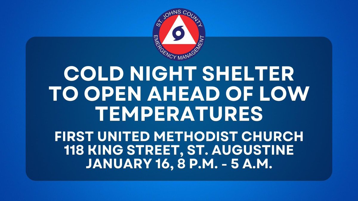 Due to forecasts of low temperatures nearing 30 degrees Fahrenheit, a cold night shelter will open tomorrow night, Jan. 16, from 8 p.m. to 5 a.m. at the First United Methodist Church of St. Augustine, located at 118 King St., St. Augustine.

#MySJCFL