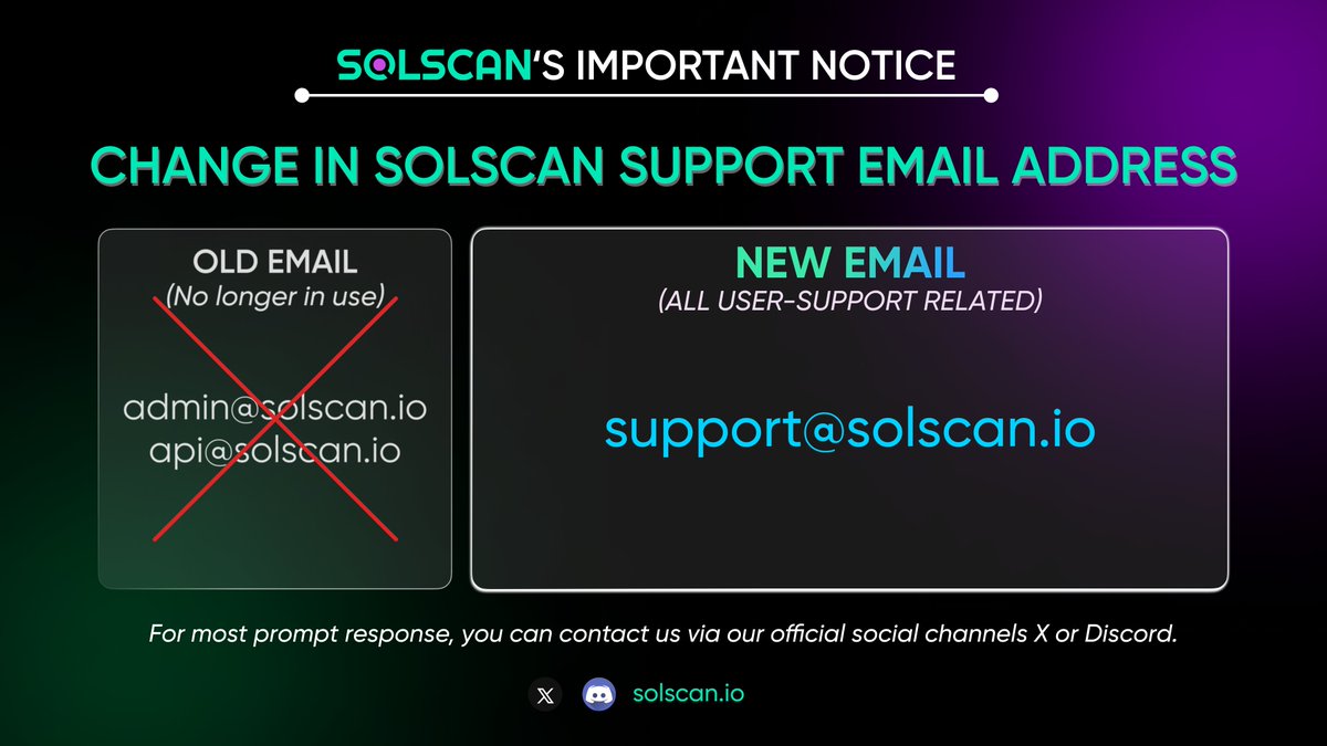 Our support email address has been move to support@solscan.io for the  following requests: 🔎General support 🔎API support 🔎Advertising enquiries  🔎Label program/address/scammer/... 🔎Update token/NFT info 🔎Solscan-related  issues 🔎Partnership ...
