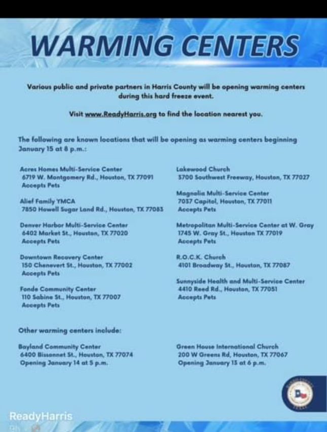 barriodogs's tweet photo. City of Houston Warming Centers are accepting pets!!!

Please spread the word in your community or give a person with or without a pet a ride from the streets to one of these warming centers. YOU MAY SAVE THEIR LIVES.

#BarrioDogs 
#HoustonPets https://t.co/GLGKFcVBxP