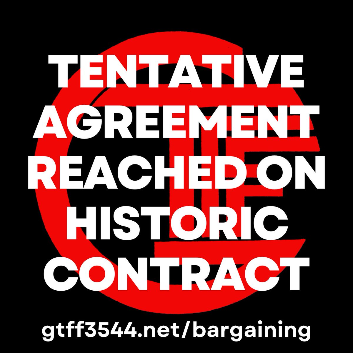 GTFF_3544's tweet photo. GTFF has just TA'd a truly historic contract two days before a strike—thanks to the enormous energy &amp; passion our members have devoted to building an overwhelming strike threat. Our members put all of our power into this fight &amp; that is why we won!

https://t.co/alFgUGvnrz https://t.co/rzO8JJuHbE
