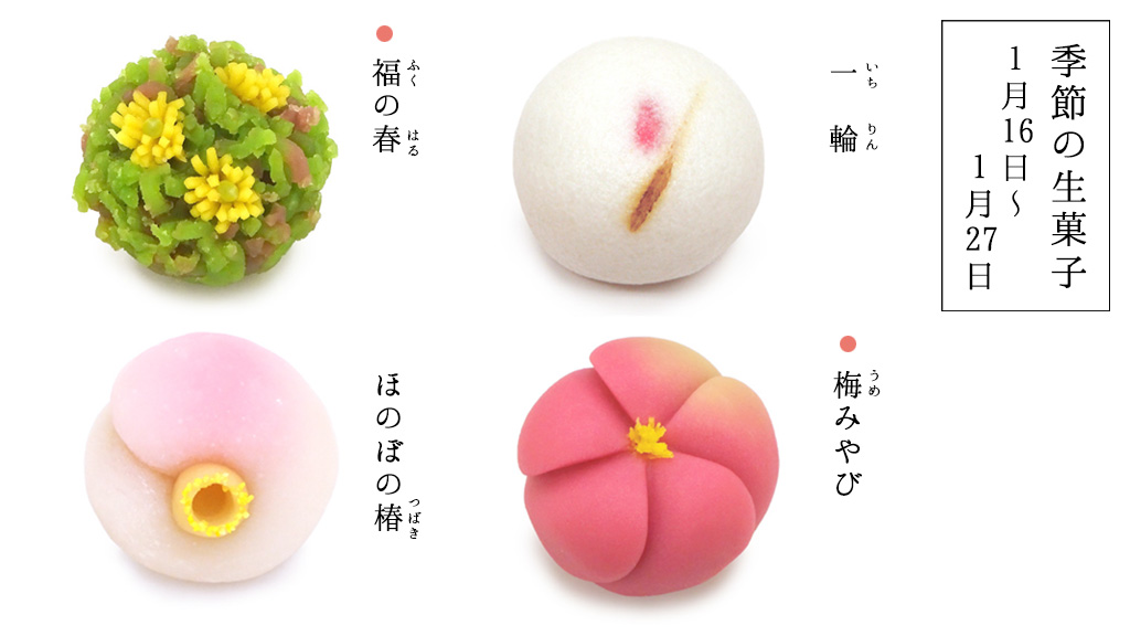 tsuruya1803's tweet photo. ●季節の生菓子のおしらせ
1/16(火)～1/27(土)
(●印は1/28～も販売)

寒さ厳しい日が続きますが、冷え込む中にぽっとほころぶ、#福の春 や #一輪 など #早春 の香りただよう花々の意匠を、生菓子でお届けいたします🌼

▼生菓子お取扱情報▼
https://t.co/5pletIFOi9 https://t.co/swzdsKfsXi