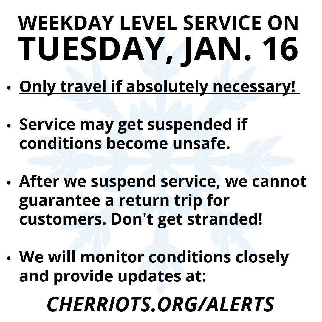 Cherriots's tweet photo. Tues, Jan 16, Cherriots will operate at weekday service levels.
⚠️Only travel if absolutely necessary⚠️
We'll monitor ice conditions closely. Service may get suspended. Stay in the know here or at https://t.co/iVHDhbqq9l
#SalemOregon #SalemOR #KeizerOregon #KeizerOR https://t.co/B0HgXs7zPb