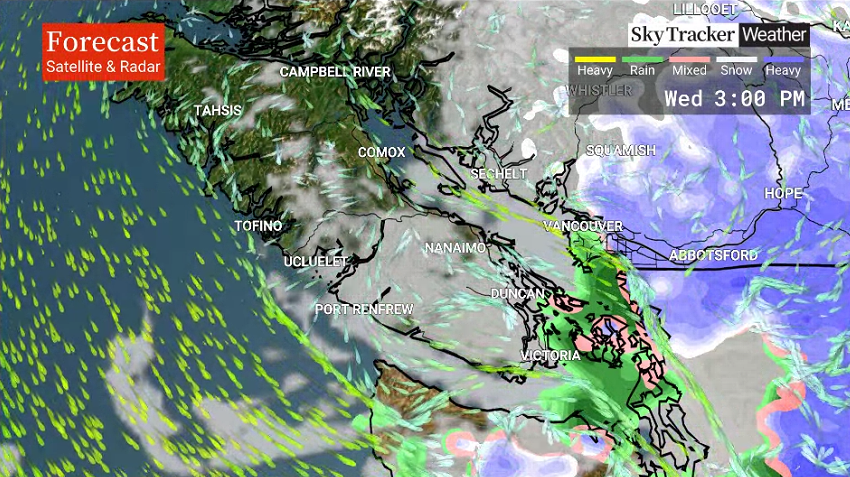 KGordonGlobalBC's tweet photo. South Coast Snow! Tues evening through Wed AM.
Avoid nonessential travel. 
School snow day possible.
Highly variable precip type; rain, snow &amp; freezing rain possible. Snowfall amounts will range: 2-18 cm
Tune in Tuesday for more details.
#BCStormWatch #bcstorm https://t.co/ifQYYwbunT