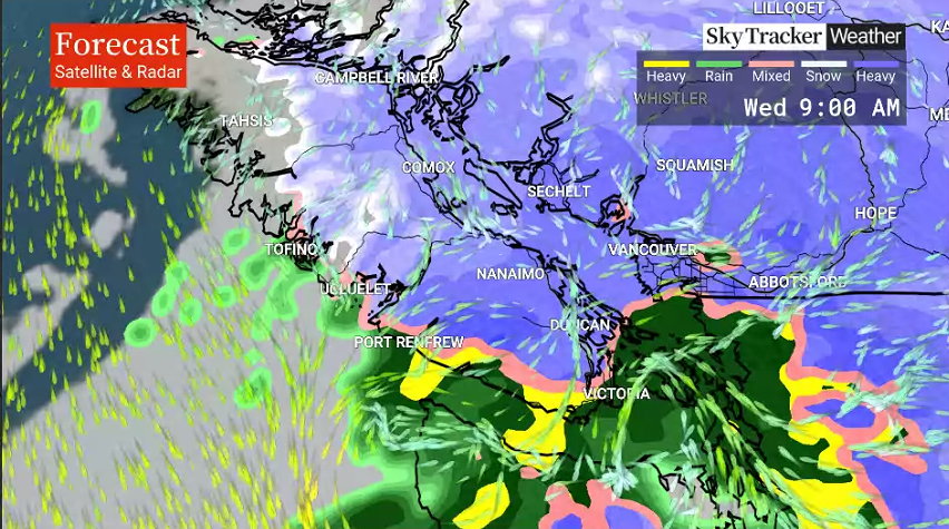 KGordonGlobalBC's tweet photo. South Coast Snow! Tues evening through Wed AM.
Avoid nonessential travel. 
School snow day possible.
Highly variable precip type; rain, snow &amp; freezing rain possible. Snowfall amounts will range: 2-18 cm
Tune in Tuesday for more details.
#BCStormWatch #bcstorm https://t.co/ifQYYwbunT