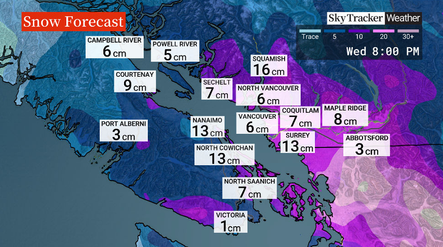 KGordonGlobalBC's tweet photo. South Coast Snow! Tues evening through Wed AM.
Avoid nonessential travel. 
School snow day possible.
Highly variable precip type; rain, snow &amp; freezing rain possible. Snowfall amounts will range: 2-18 cm
Tune in Tuesday for more details.
#BCStormWatch #bcstorm https://t.co/ifQYYwbunT