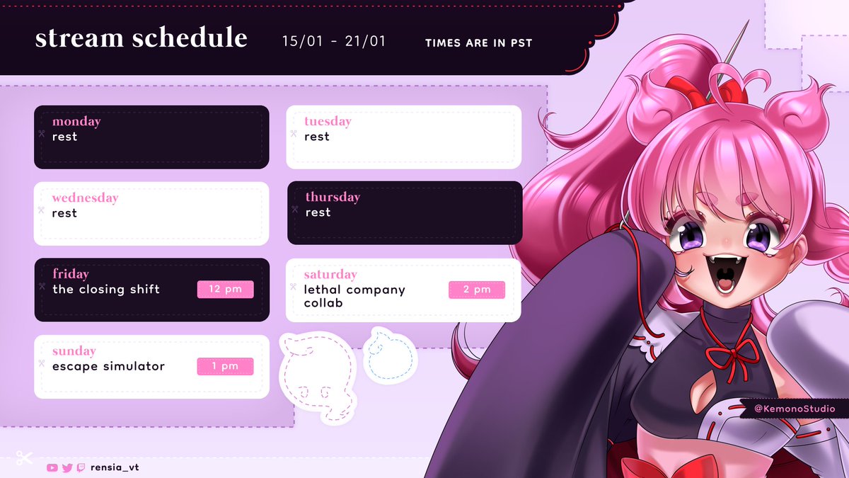 Stream schedule for this week!!!
I face my fears with scarry games this week! Hopefuly I can actually play them this time (⊙﹏⊙)

Times are in BRT, UTC and PST!
Hope to see you there!

Links bellow!!

Schedule by @.akamestudio
Art by @.KemonoStudio
#ENVtuber #VtuberUprising