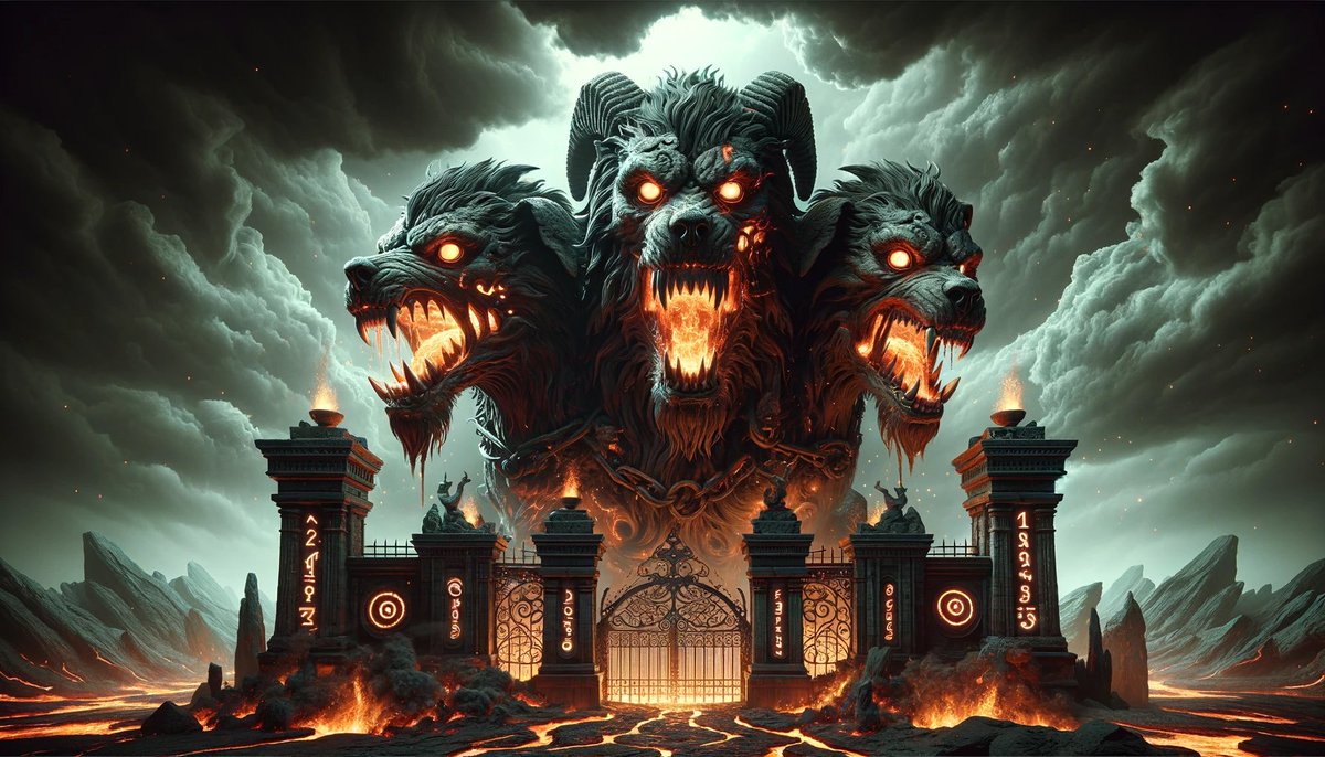 GrumpyGooseArts's tweet photo. Unleashing Cerberus #GrumpyGooseStudio brings to life this formidable sentinel of the afterlife, where no trespasser goes unchallenged. πΎπ₯ #MythologyMonday #AIart #Cerberus #DigitalArt #FantasyArt #EpicCreatures #UnderworldGuardian #MythicalBeasts https://t.co/Al7Xz8diri