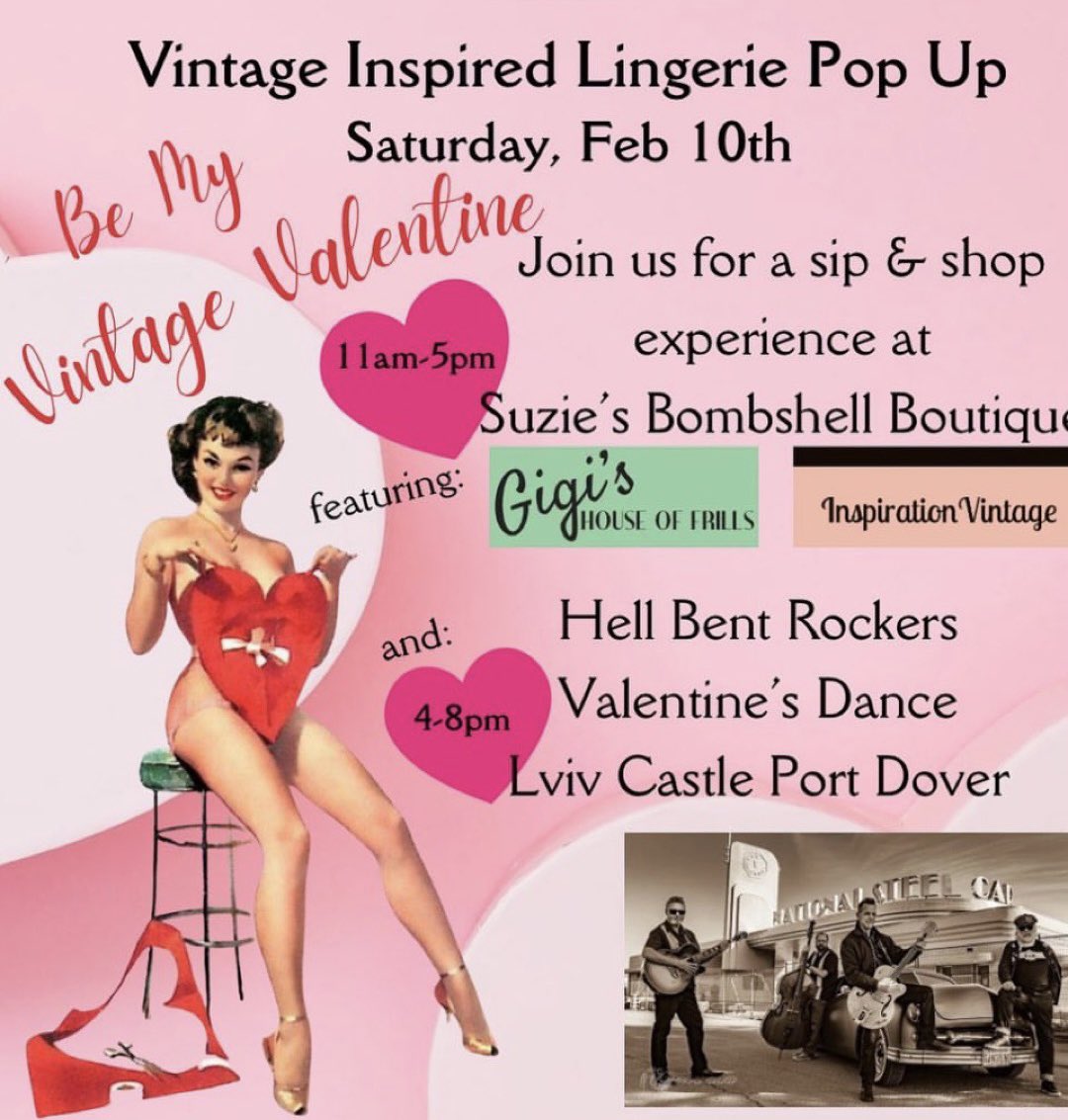 Mark your calendars! 
Vintage inspired lingerie pop-up at the one &amp; only @suzies_bombshell_boutique, with the beloved @gigisfrills &amp; myself @inspirationvintage69 
Feb. 10 11-5pm
Suzie’s Bombshell Boutique
Port Dover, ON