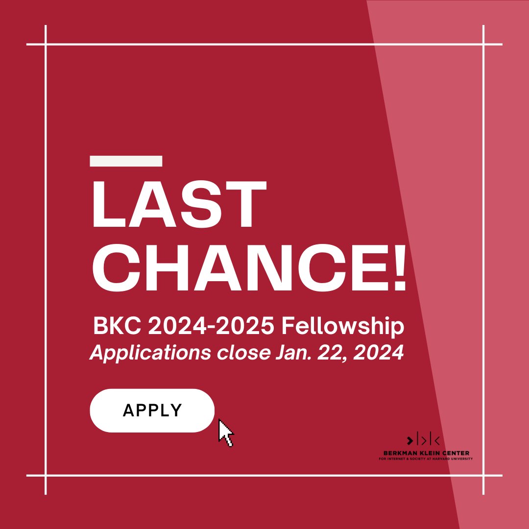 ⚠️Less than 1 WEEK left!⚠️ Whether you're a journalist, lawyer, engineer, researcher, or just interested in the intersections of Internet and society, be sure to check out @BKCHarvard's 2024-2025 fellowship and send in your application ASAP: cyber.harvard.edu/story/2023-12/…
