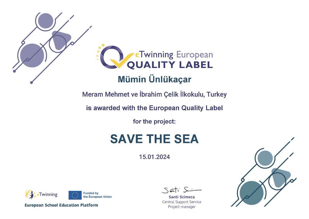 "SAVE THE SEA" projemiz Ulusal Kalite Etiketinden sonra Avrupa Kalite Etiketini de aldı. <a href="/micelikilkokulu/">Mehmet İbrahim Çelik İlkokulu</a>