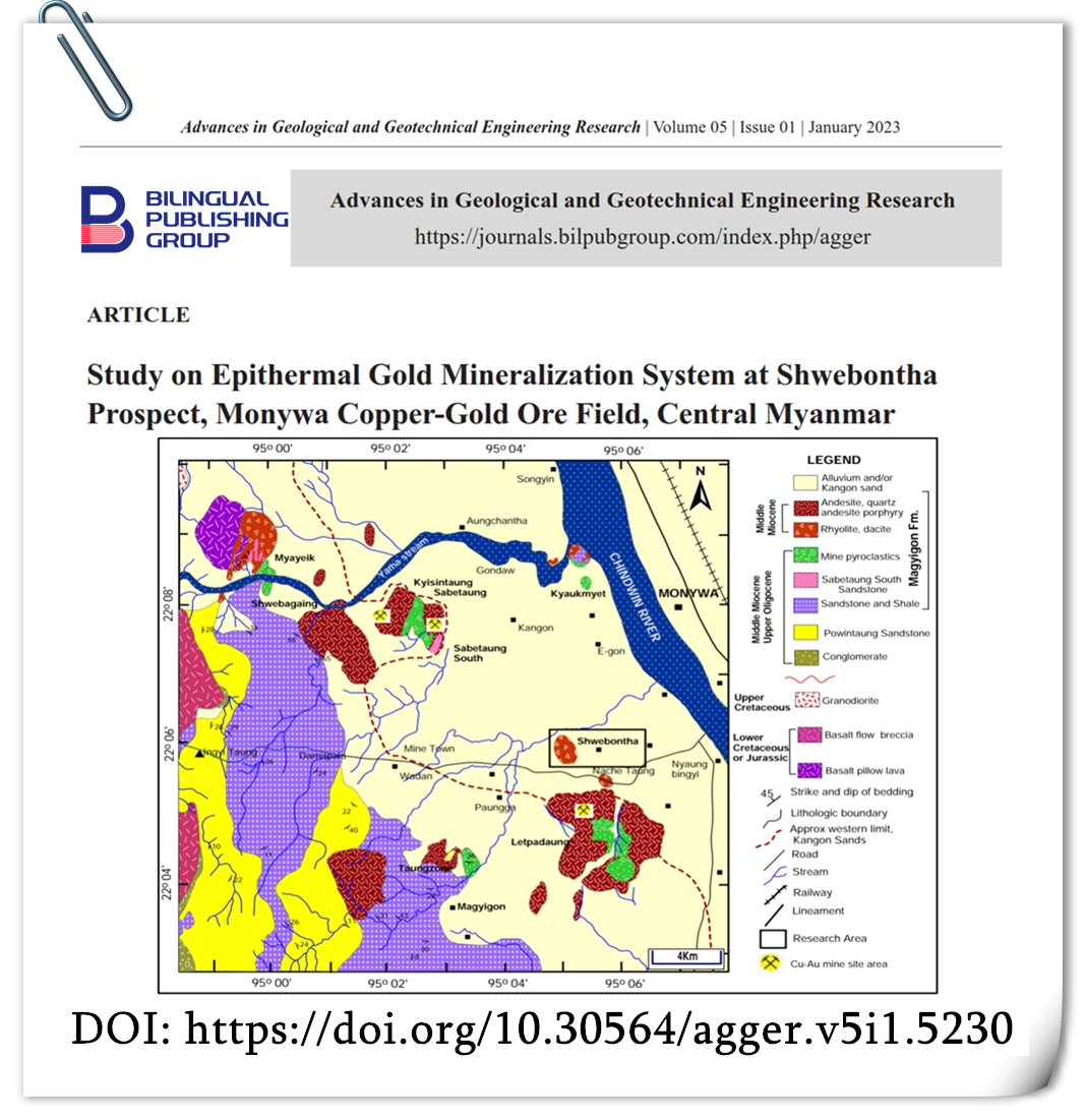 Study on Epithermal Gold Mineralization System at Shwebontha Prospect, Monywa Copper-Gold Ore Field, Central Myanmar
Keywords: Geochemistry; Alteration; Fluid inclusions; Ore mineralization; Central Volcanic Belt, Shwebontha
DOI: doi.org/10.30564/agger…