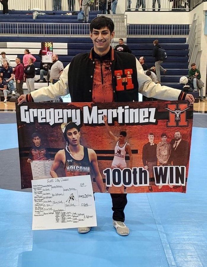sportsinkansas's tweet photo. Gregery Martinez of Holcomb reaches 100 career wins over the weekend in Scott City. He is ranked third in the state at 138 pounds in 4A. Also a standout football player that had nine interceptions on defense this season. #sportsinkansas https://t.co/MsynMOEIhi