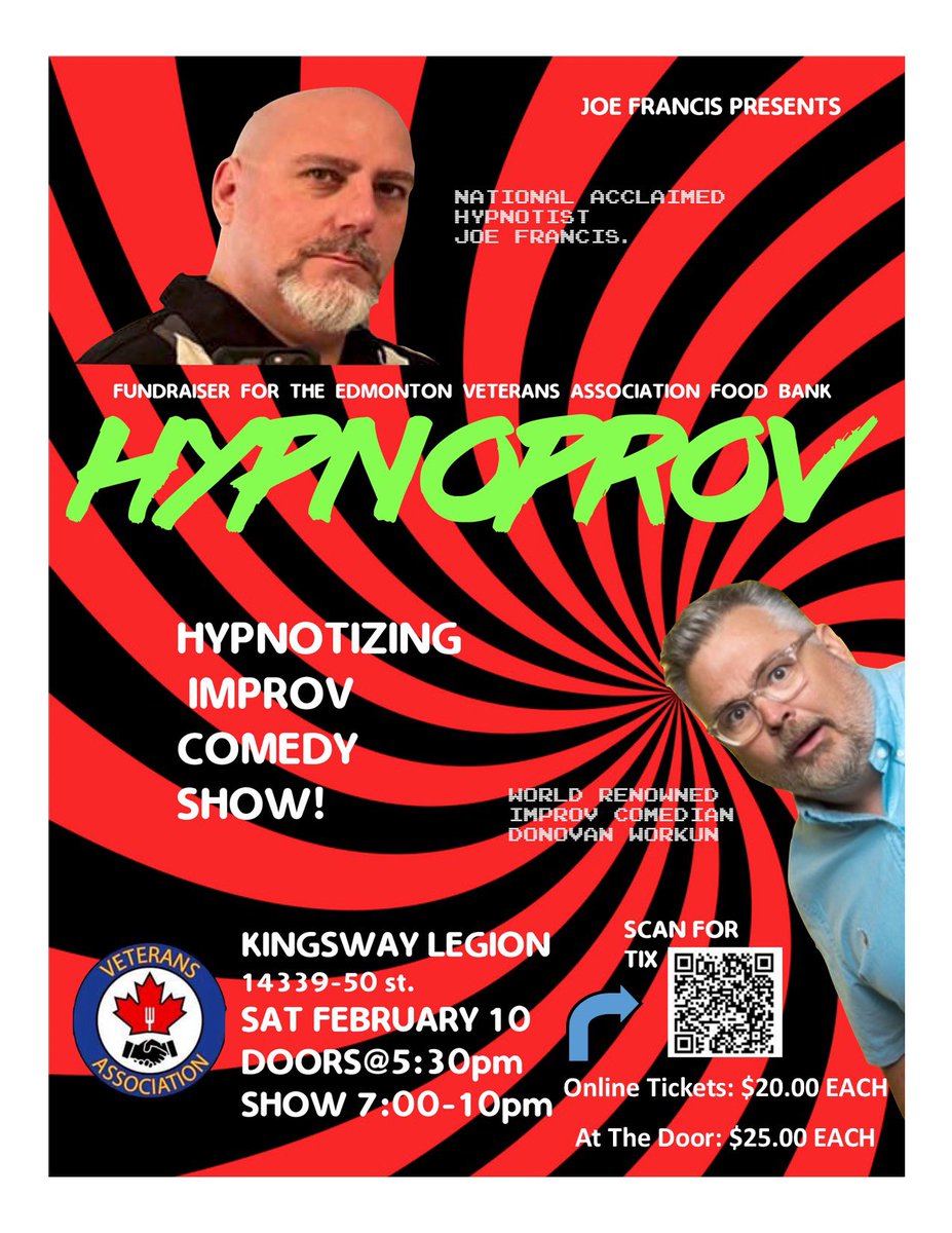 Hypno Joe Francis (@hypnojoefrancis) on Twitter photo Tickets are cheaper online!
Join Me & <a href="/AtomicImprov/">Donovan Workun</a> Donovan Workun to Sell out the Fundraiser Show <a href="/LegionKingsway/">Kingsway Legion</a> for the Veterans Association Food Bank Edmonton. February 10,2024. Click the link to purchase tickets eventbrite.com/e/792246359187… Tickets are cheaper online!
Join Me & <a href="/AtomicImprov/">Donovan Workun</a> Donovan Workun to Sell out the Fundraiser Show <a href="/LegionKingsway/">Kingsway Legion</a> for the Veterans Association Food Bank Edmonton. February 10,2024. Click the link to purchase tickets eventbrite.com/e/792246359187…