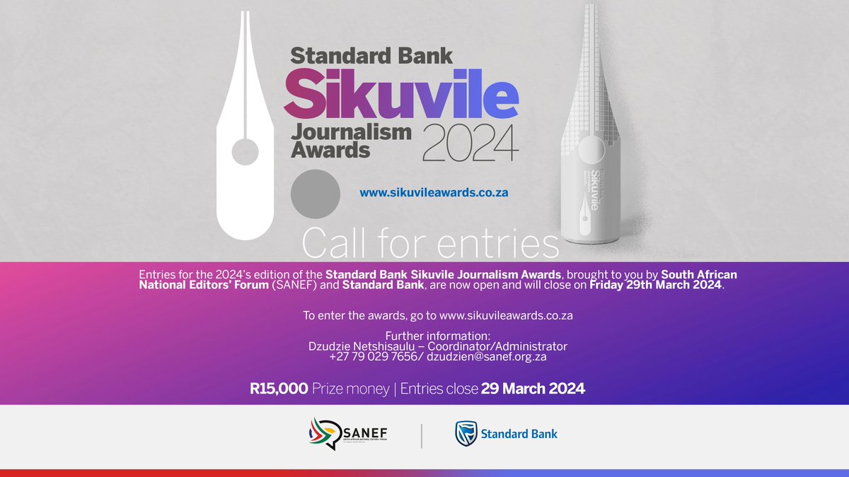 Journ_SA's tweet photo. CALL FOR ENTRIES: Journalists who had strong work published or broadcast in South African news media between 1 January 2023 and 31 December 2023 are invited to enter this year's @SikuvileAwards. Winner will receive R15,000.

🗓️ Deadline: 29 March.
Details: https://t.co/ieVeDQkILI https://t.co/fZBHWTlbyD