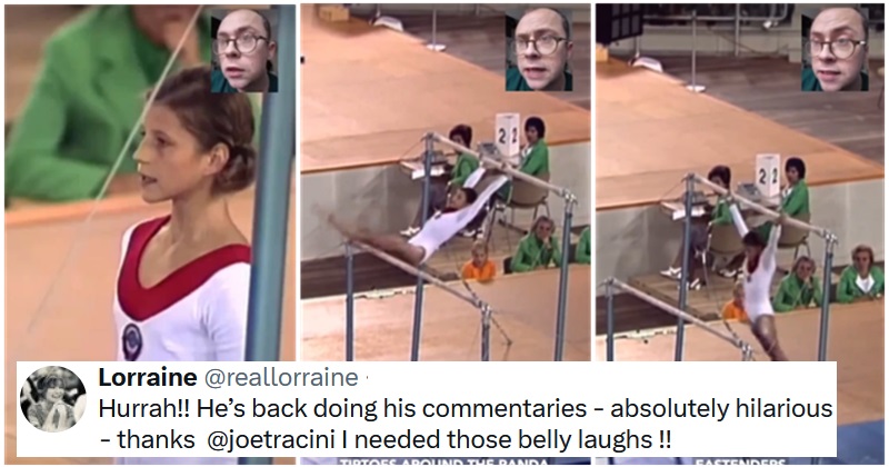 Joe Tracini’s hilarious commentary makes this classic gymnastics clip even better. thepoke.com/2024/01/16/joe…