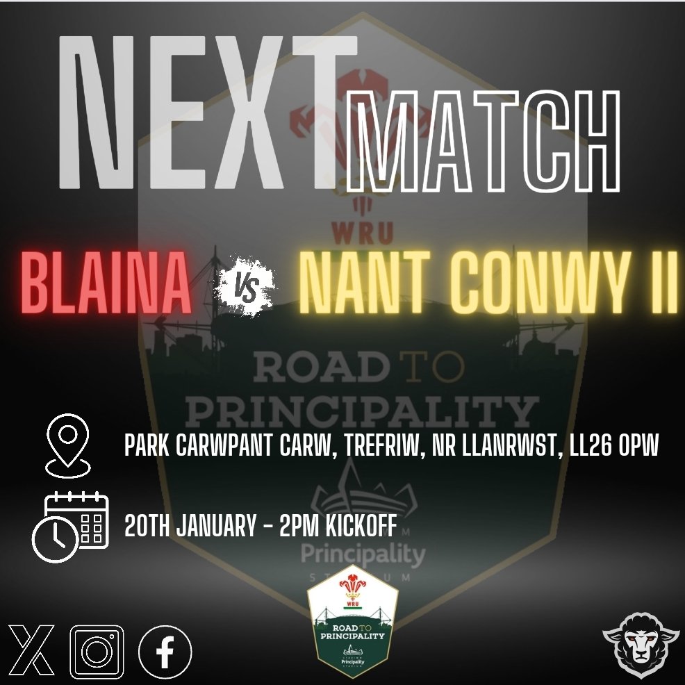 🏉 Next Match Alert!

This week, the Lambs are set to embark on a thrilling journey as they head north to clash with Nant Conwy II in a historic first encounter between the two teams.  Live updates via our social media accounts.

Stay tuned for the action! 

 #Lambs #CupRugby