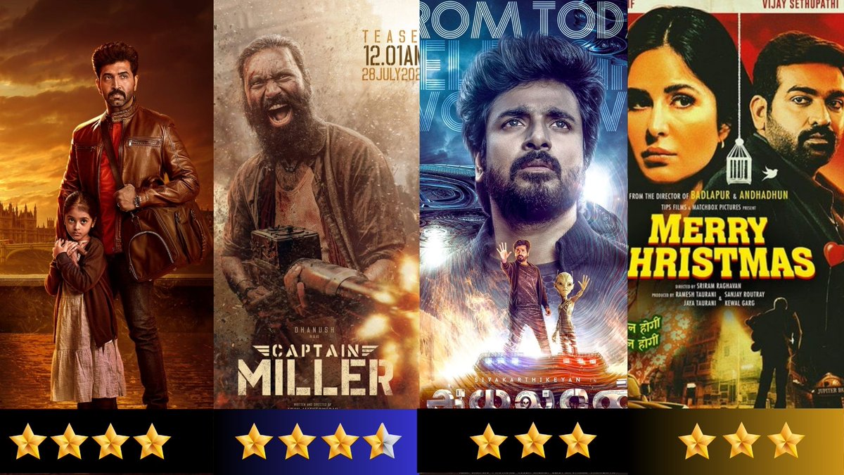 Ciniplatform's tweet photo. #CiniPlatform Ratings for this Pongal Release..

#MissionChapter1 - 4/5
#CaptainMiller - 3.5/5
#Ayalaan - 3/5
#MerryChristmas - 3/5

Comment your ratings.. https://t.co/10pOnFJ1T0