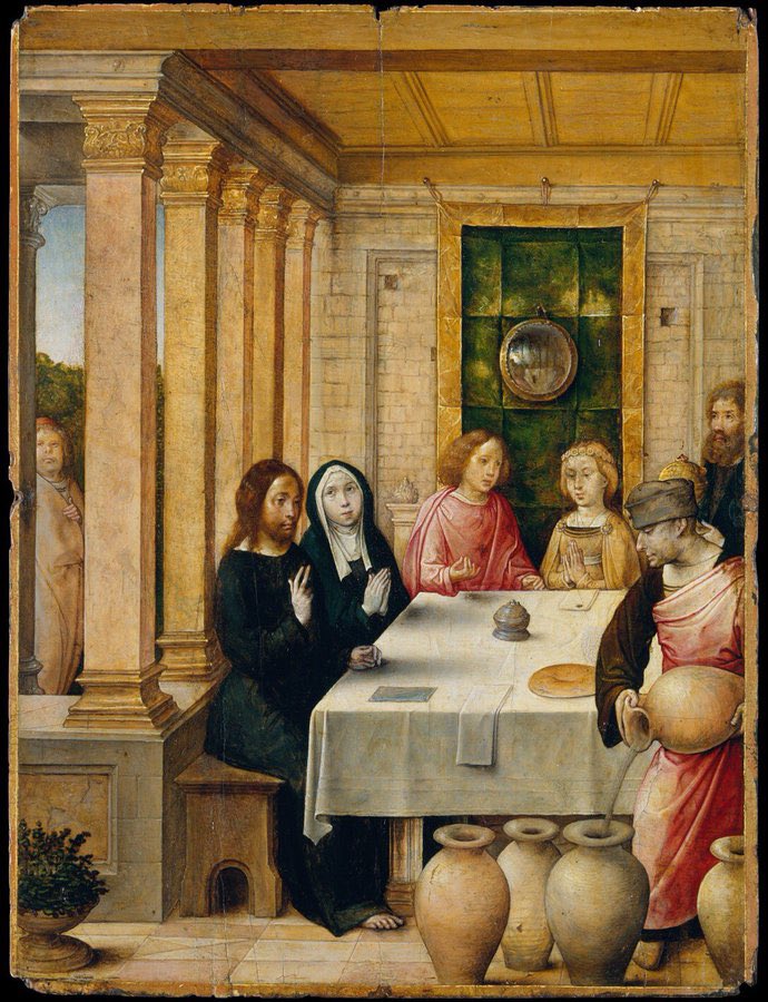 The Marriage Feast at Cana c. 1500–1504 by Juan de Flandes, Netherlandish, commissioned by Isabella La Católica. The first miracle of Jesus and, for me, a favourite one. (Met Museum)